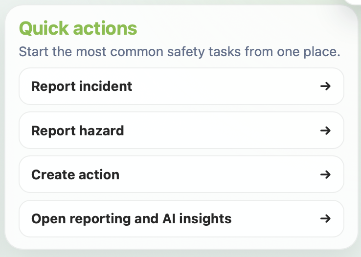 Reconex quick actions showing incident reporting, hazard reporting, action creation, and reporting shortcuts