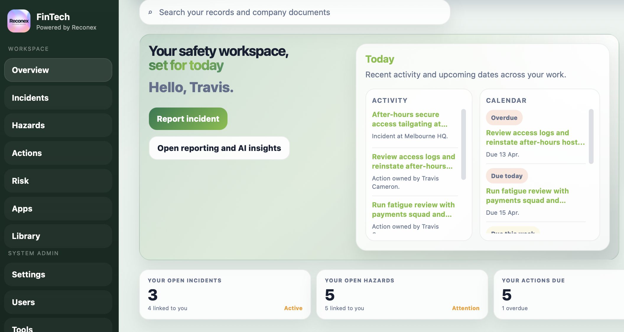 Reconex workspace showing incidents, hazards, actions, apps, library, and reporting access